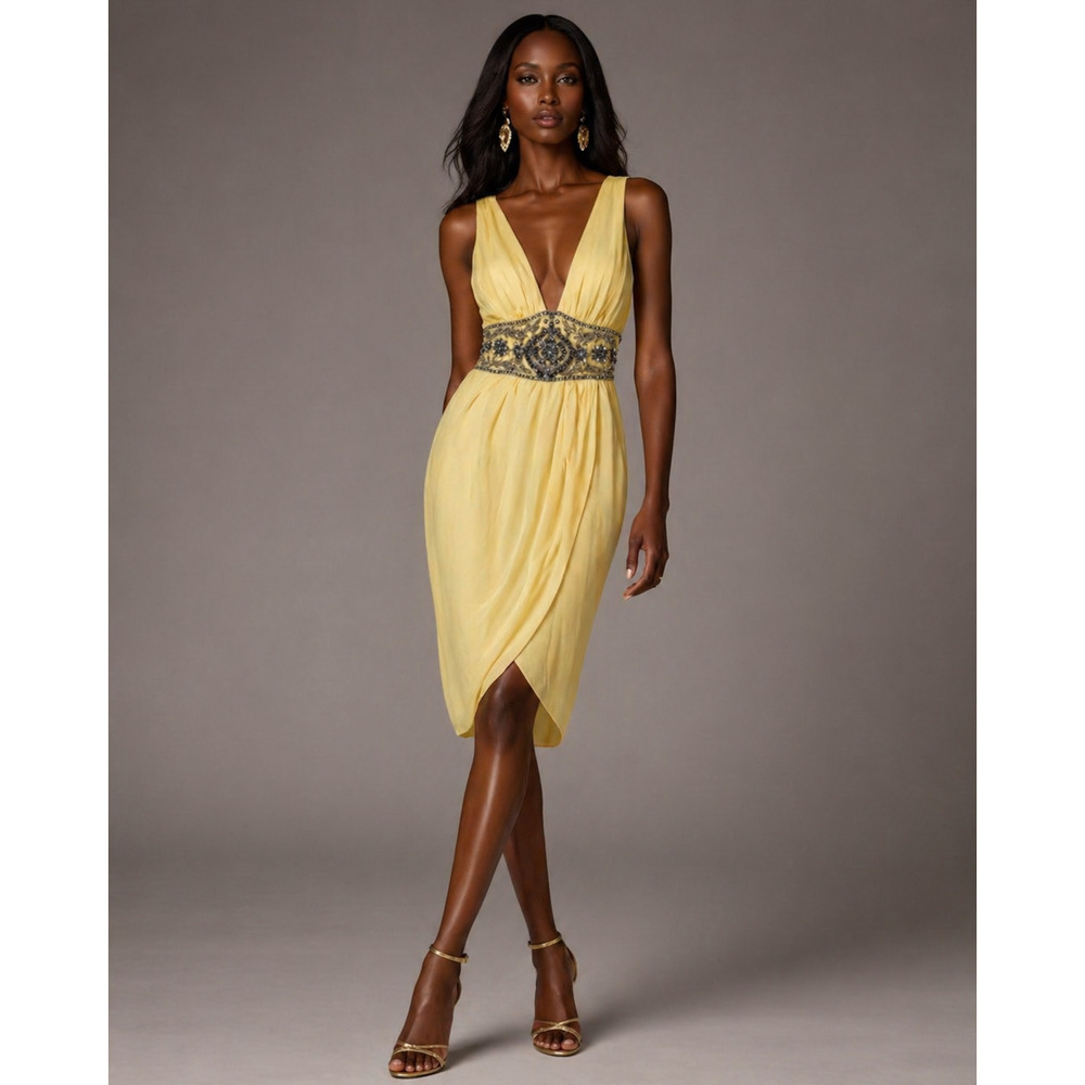 Mandalay Silk Dress 8 Yellow Beaded Empire Waist Cocktail NWT